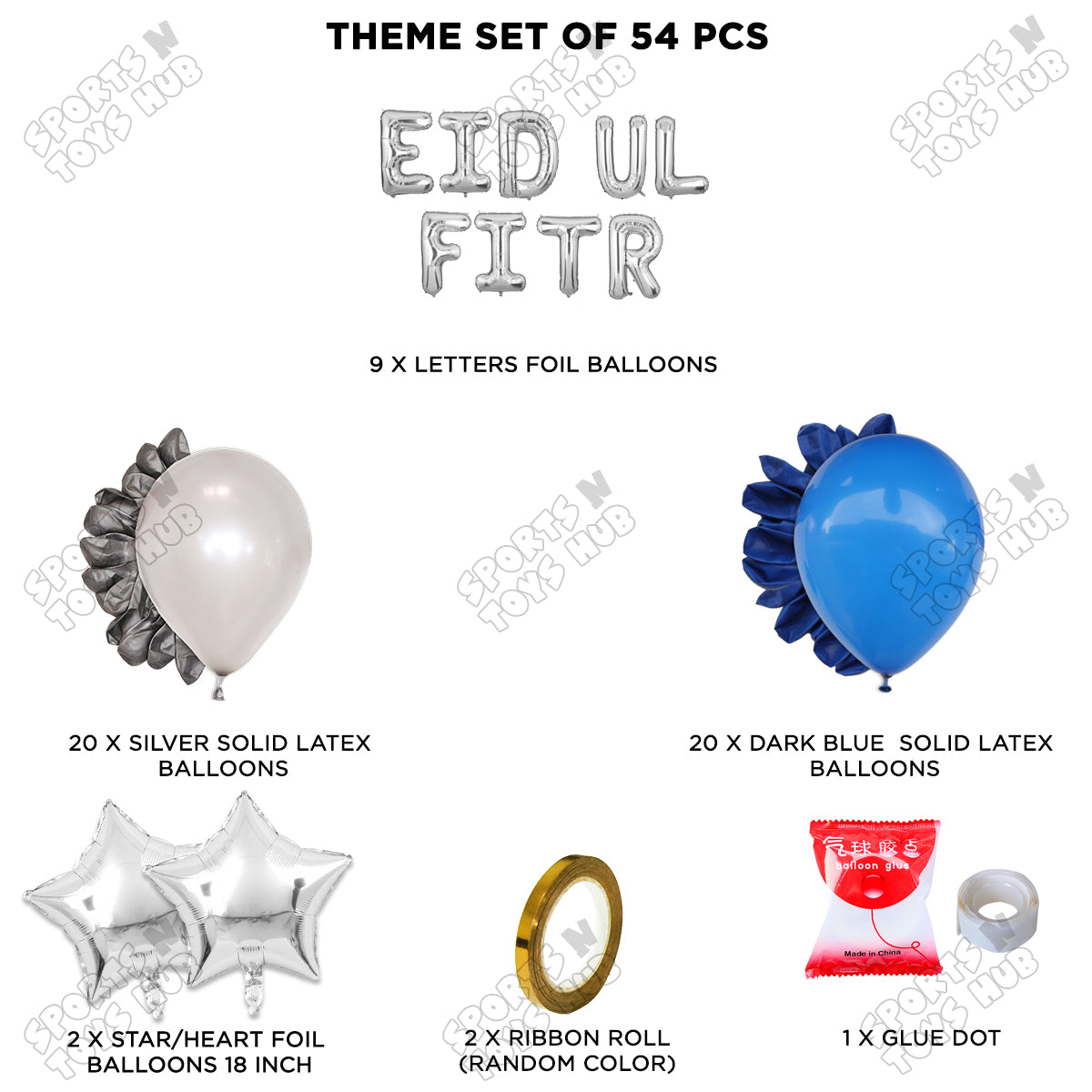 54 Pcs Eid Ul Fitr Silver Foil Balloon Garland Theme Collection