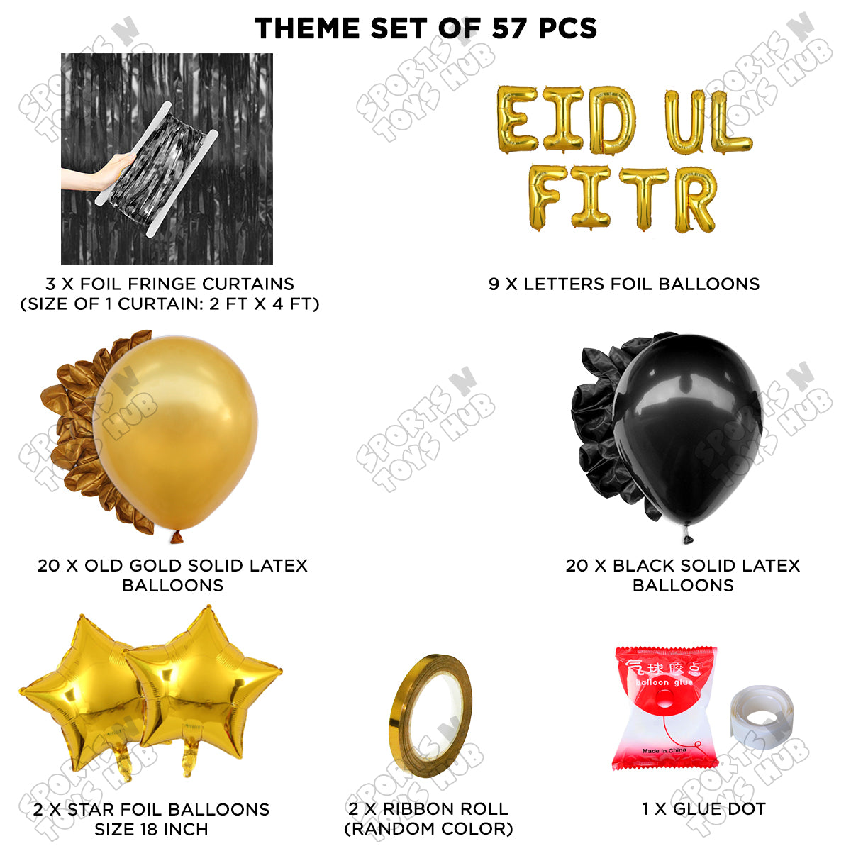 57 Pcs Eid Ul Fitr Gold Foil Balloon Curtain Theme Collection