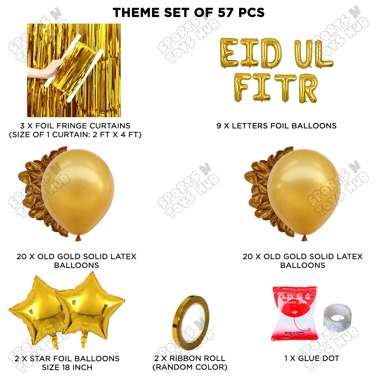 57 Pcs Eid Ul Fitr Gold Foil Balloon Curtain Theme Collection