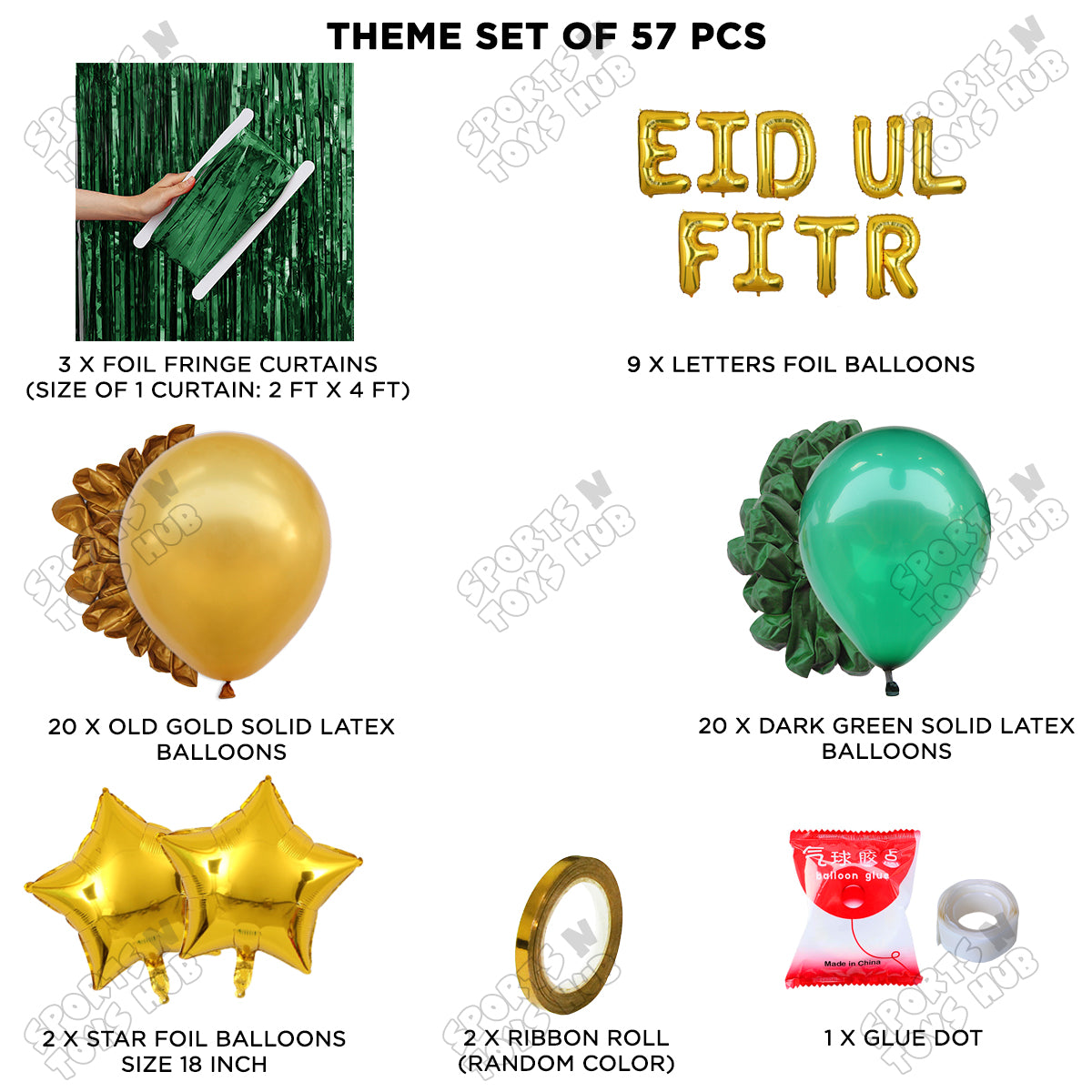 57 Pcs Eid Ul Fitr Gold Foil Balloon Curtain Theme Collection