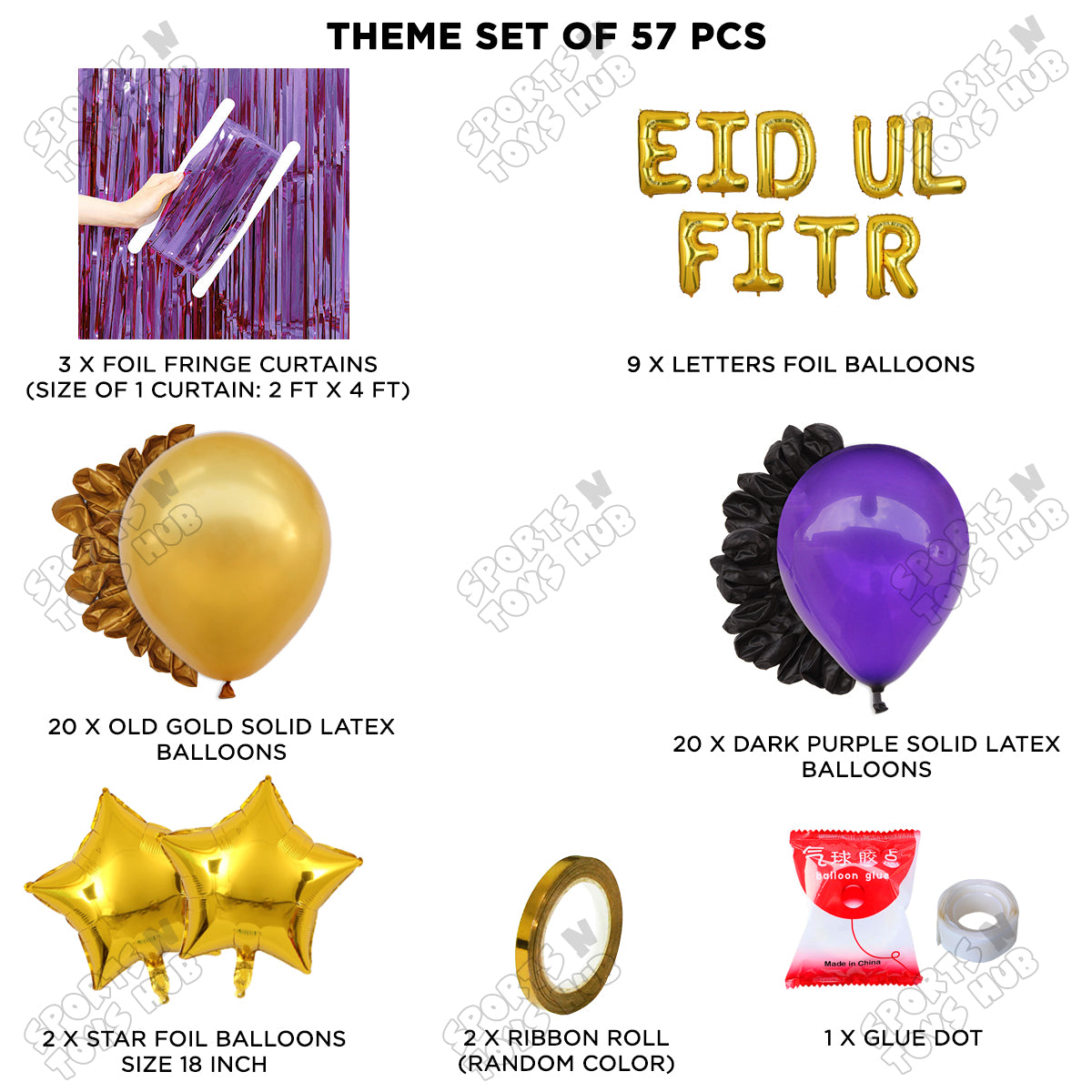 57 Pcs Eid Ul Fitr Gold Foil Balloon Curtain Theme Collection