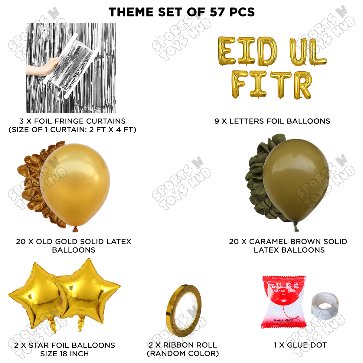 57 Pcs Eid Ul Fitr Gold Foil Balloon Curtain Theme Collection