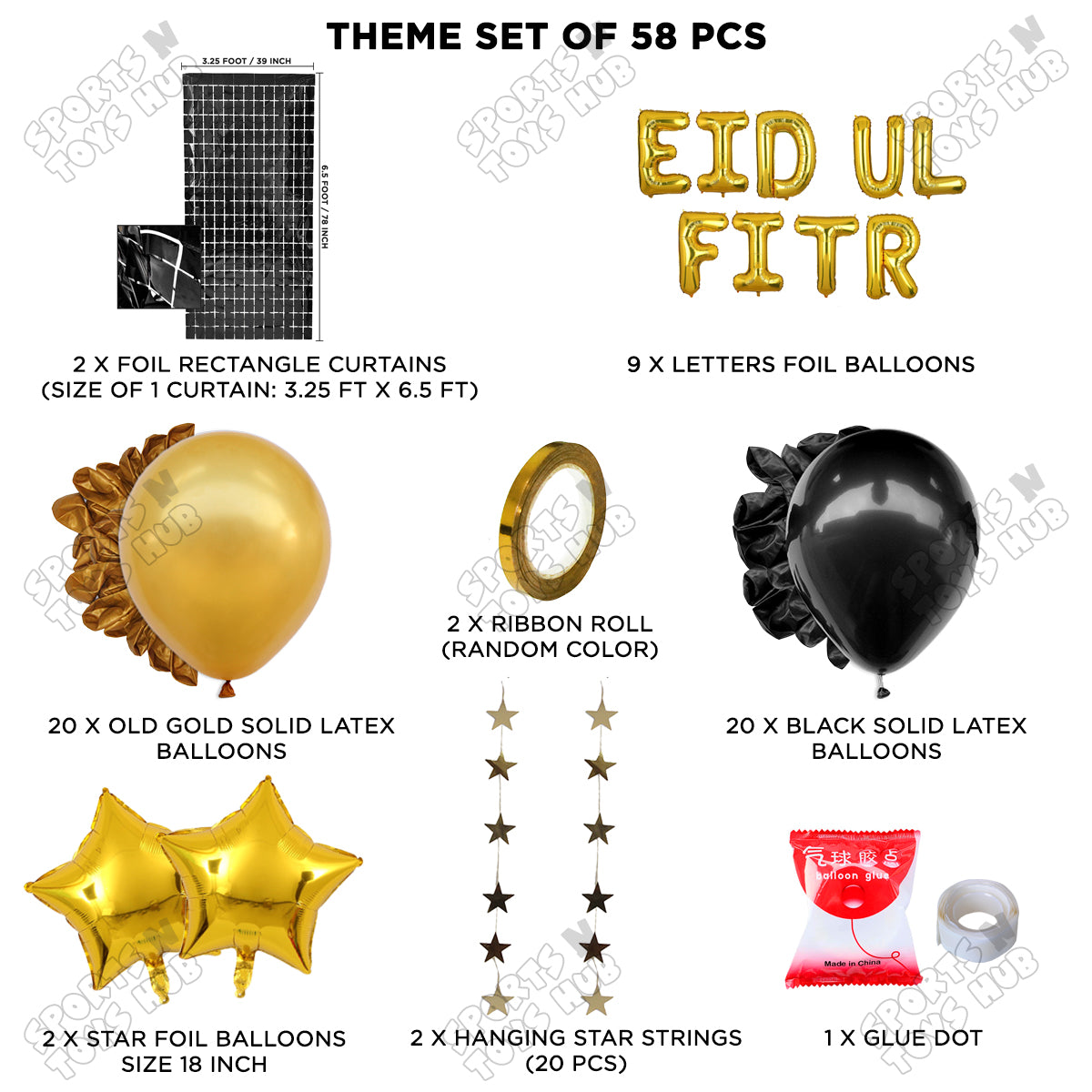 58 Pcs Eid Ul Fitr Gold Foil Balloon Rectangle Curtain Theme Collection