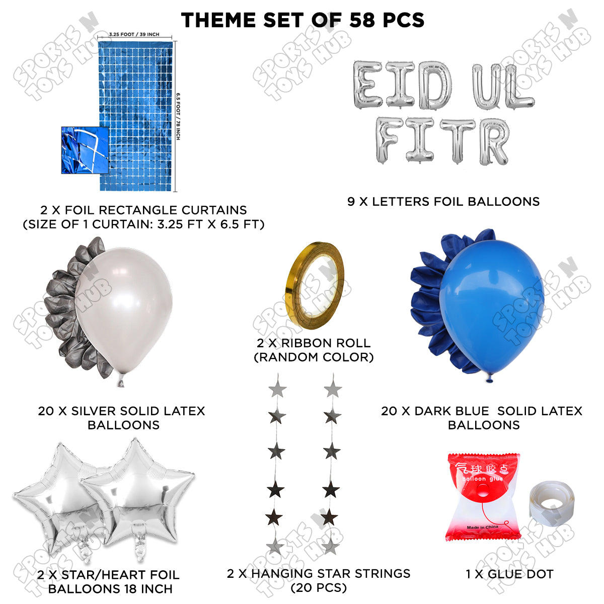 58 Pcs Eid Ul Fitr Silver Foil Balloon Rectangle Curtain Theme Collection