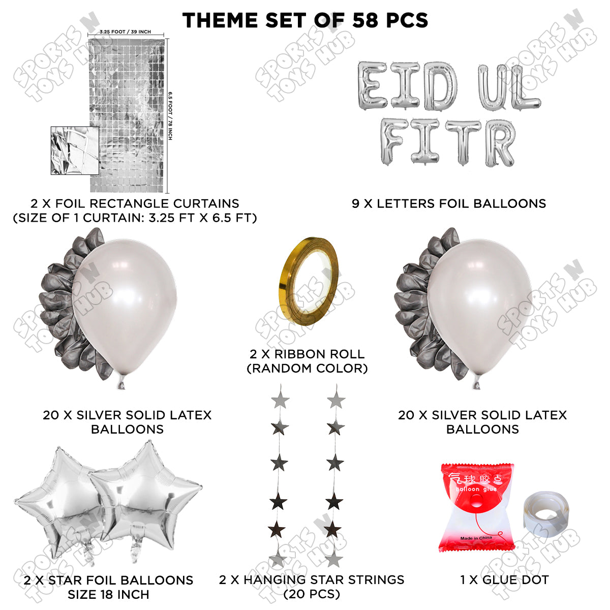 58 Pcs Eid Ul Fitr Silver Foil Balloon Rectangle Curtain Theme Collection