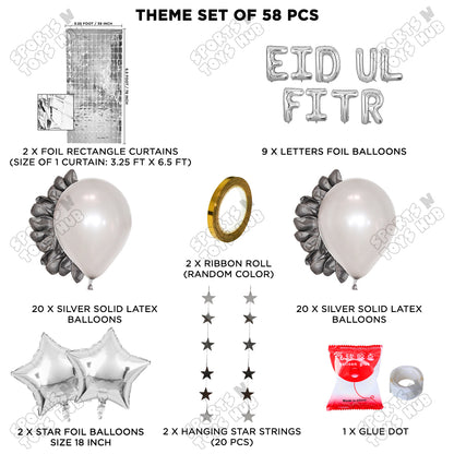 58 Pcs Eid Ul Fitr Silver Foil Balloon Rectangle Curtain Theme Collection