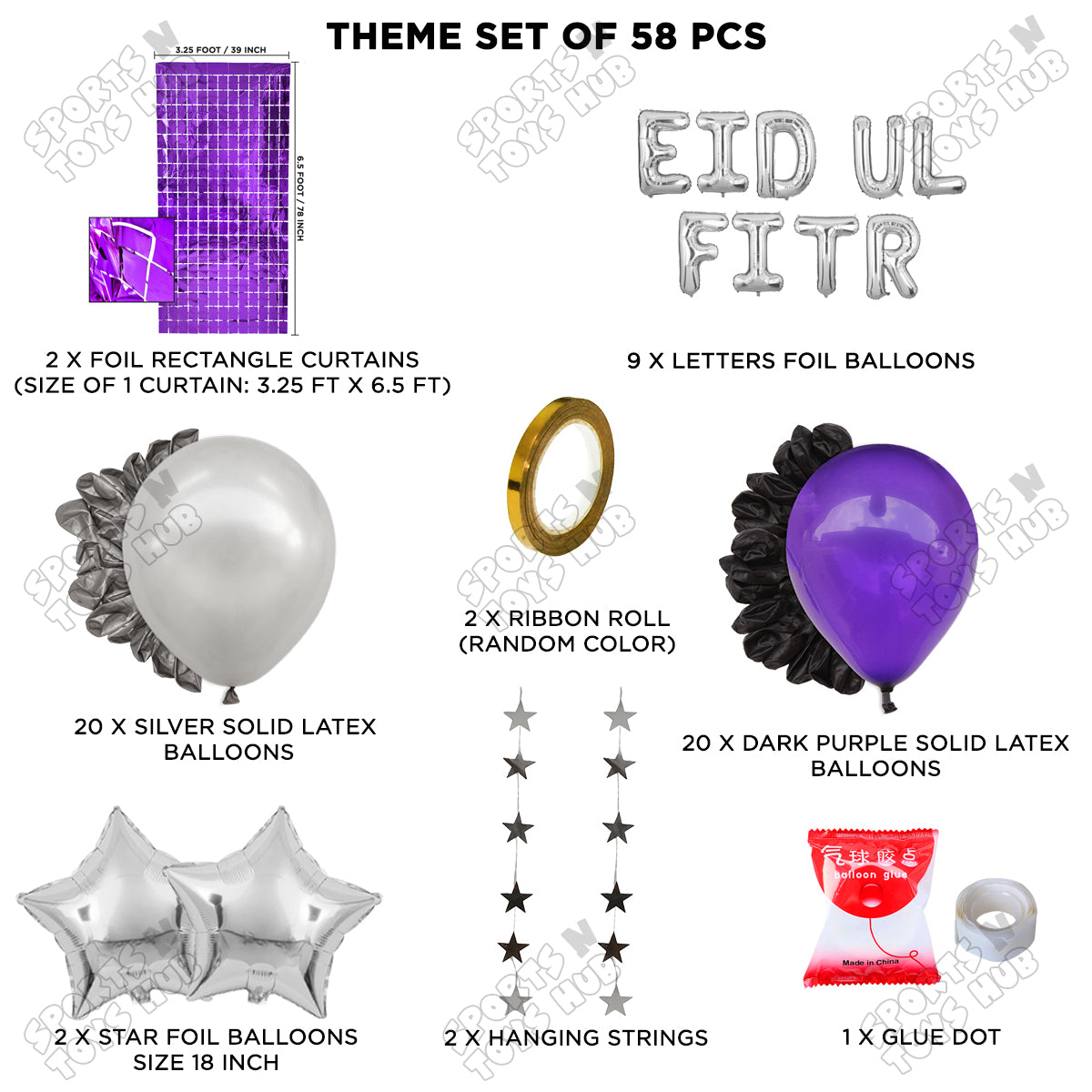 58 Pcs Eid Ul Fitr Silver Foil Balloon Rectangle Curtain Theme Collection