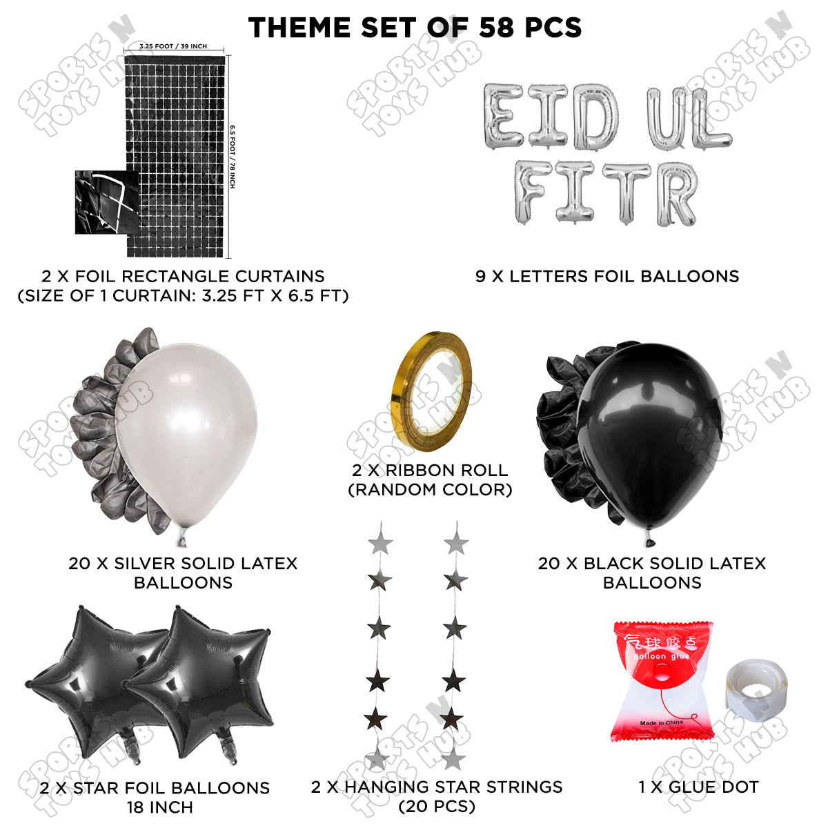 58 Pcs Eid Ul Fitr Silver Foil Balloon Rectangle Curtain Theme Collection