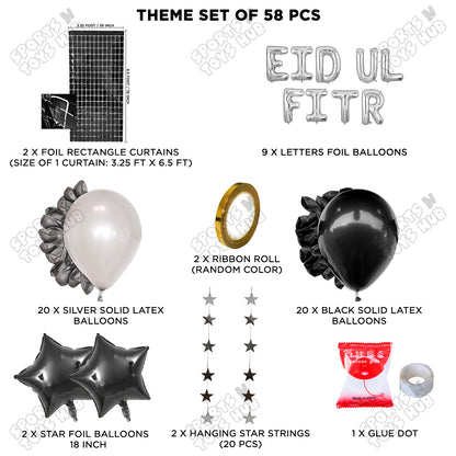 58 Pcs Eid Ul Fitr Silver Foil Balloon Rectangle Curtain Theme Collection