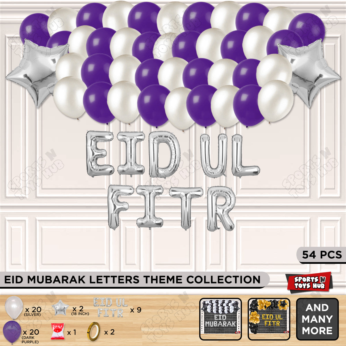 54 Pcs Eid Ul Fitr Silver Foil Balloon Garland Theme Collection