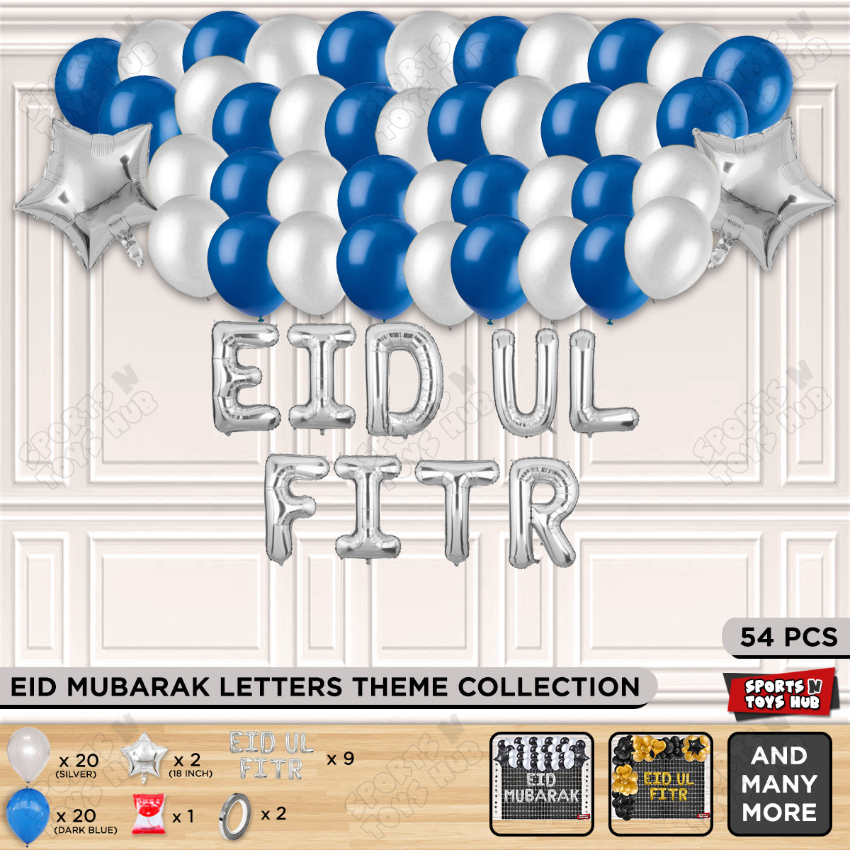 54 Pcs Eid Ul Fitr Silver Foil Balloon Garland Theme Collection