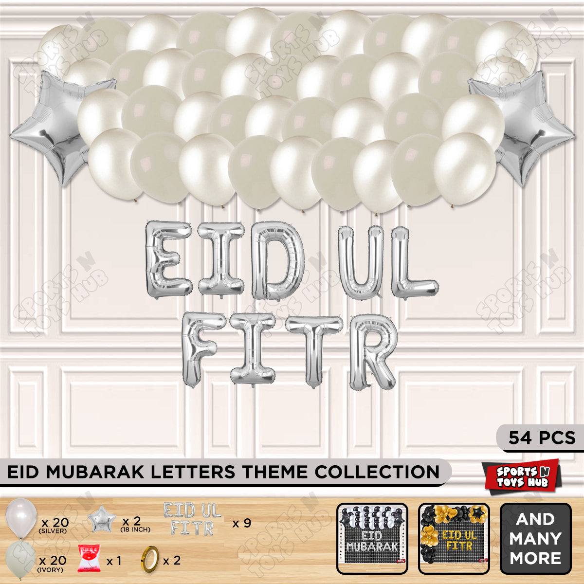 54 Pcs Eid Ul Fitr Silver Foil Balloon Garland Theme Collection