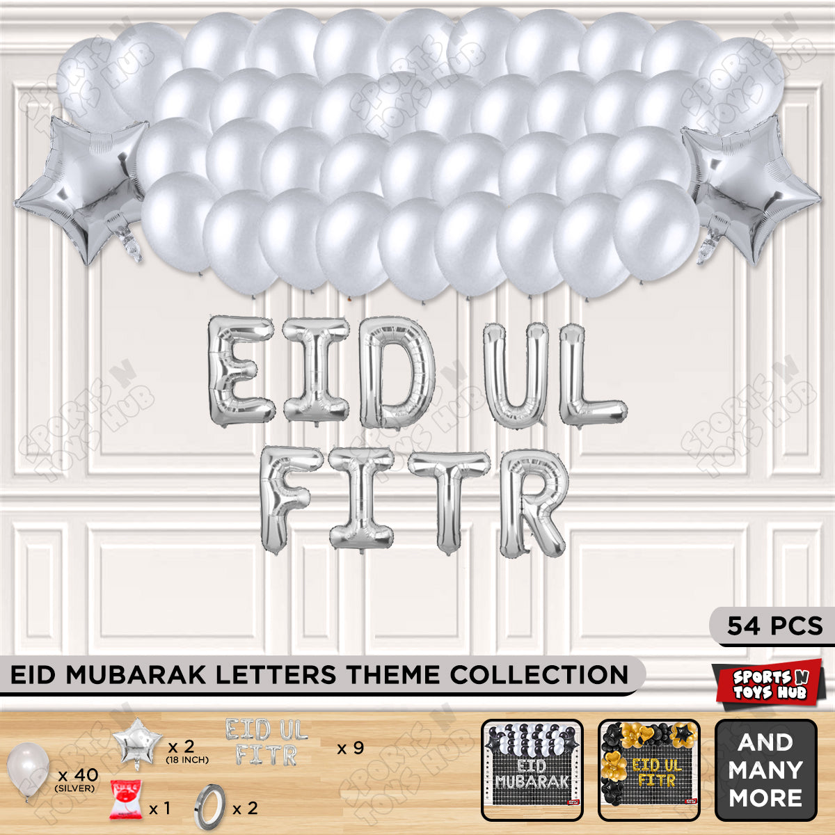 54 Pcs Eid Ul Fitr Silver Foil Balloon Garland Theme Collection