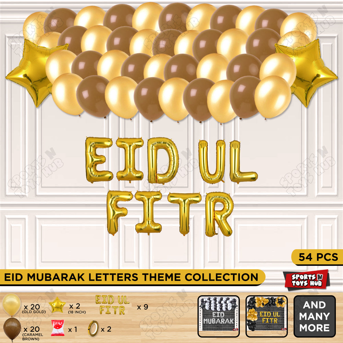 54 Pcs Eid Ul Fitr Gold Foil Balloon Garland Theme Collection