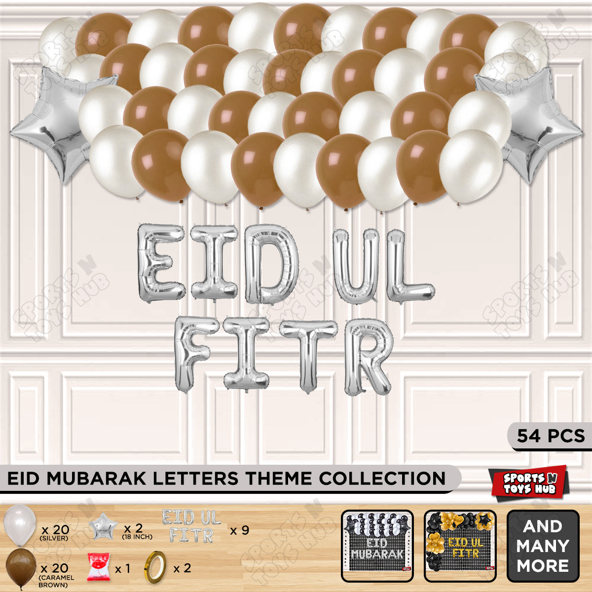 54 Pcs Eid Ul Fitr Silver Foil Balloon Garland Theme Collection