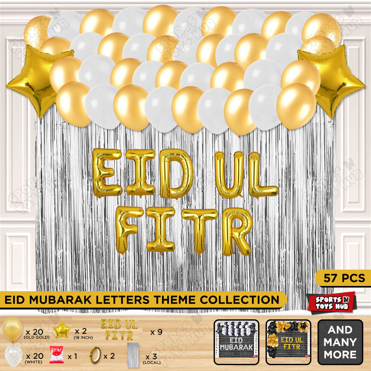 57 Pcs Eid Ul Fitr Gold Foil Balloon Curtain Theme Collection