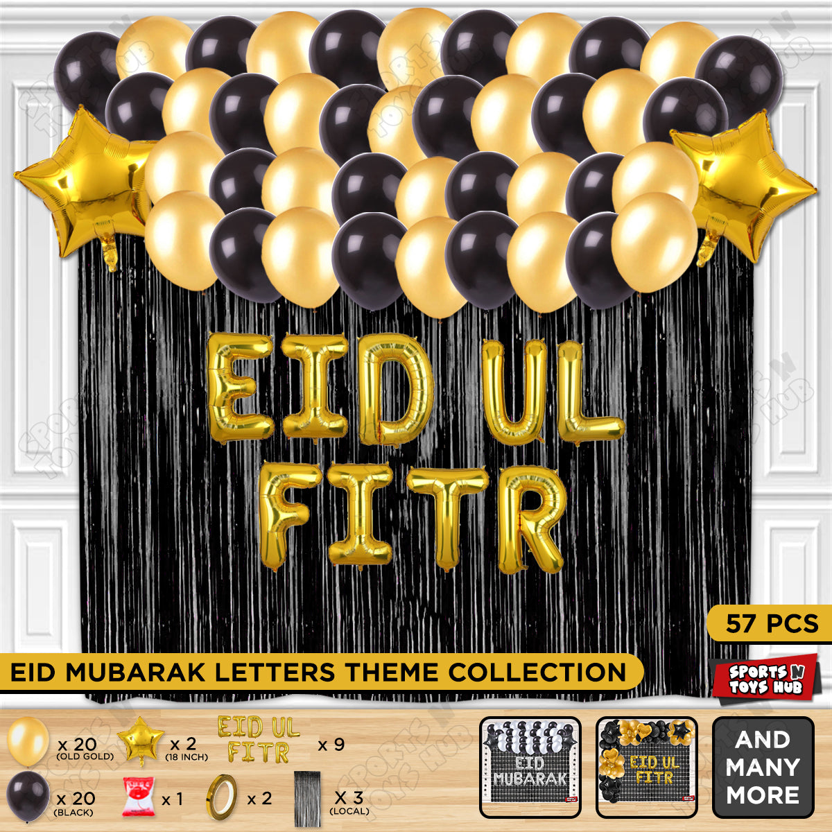 57 Pcs Eid Ul Fitr Gold Foil Balloon Curtain Theme Collection