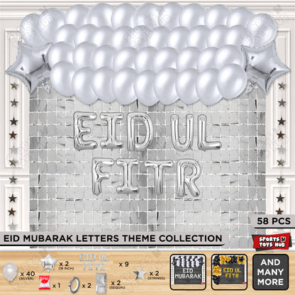 58 Pcs Eid Ul Fitr Silver Foil Balloon Rectangle Curtain Theme Collection