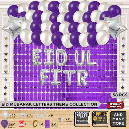58 Pcs Eid Ul Fitr Silver Foil Balloon Rectangle Curtain Theme Collection