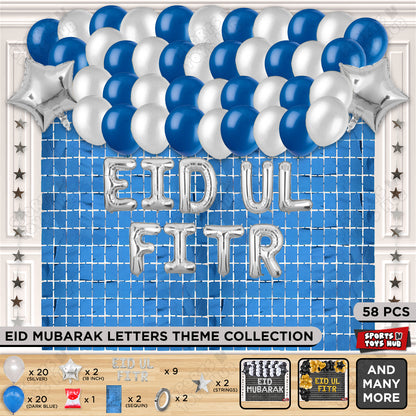 58 Pcs Eid Ul Fitr Silver Foil Balloon Rectangle Curtain Theme Collection