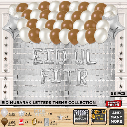 58 Pcs Eid Ul Fitr Silver Foil Balloon Rectangle Curtain Theme Collection