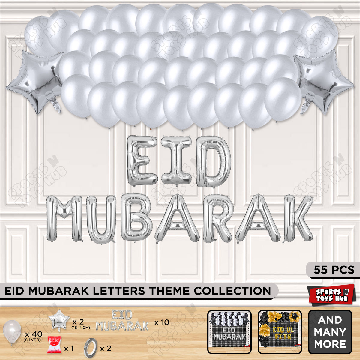 55 Pcs Eid Mubarak Silver Foil Balloon Garland Theme Collection