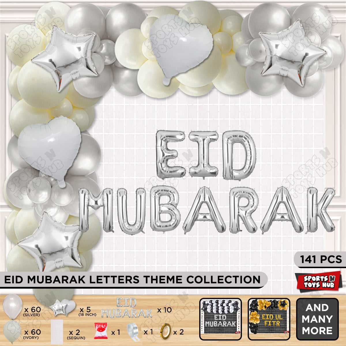 141 Pcs Eid Mubarak Silver Foil Balloon Arch Theme Collection