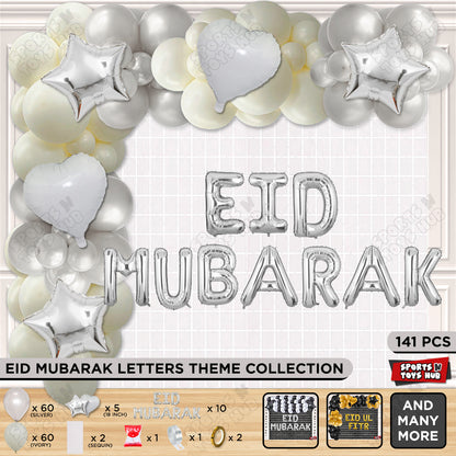 141 Pcs Eid Mubarak Silver Foil Balloon Arch Theme Collection