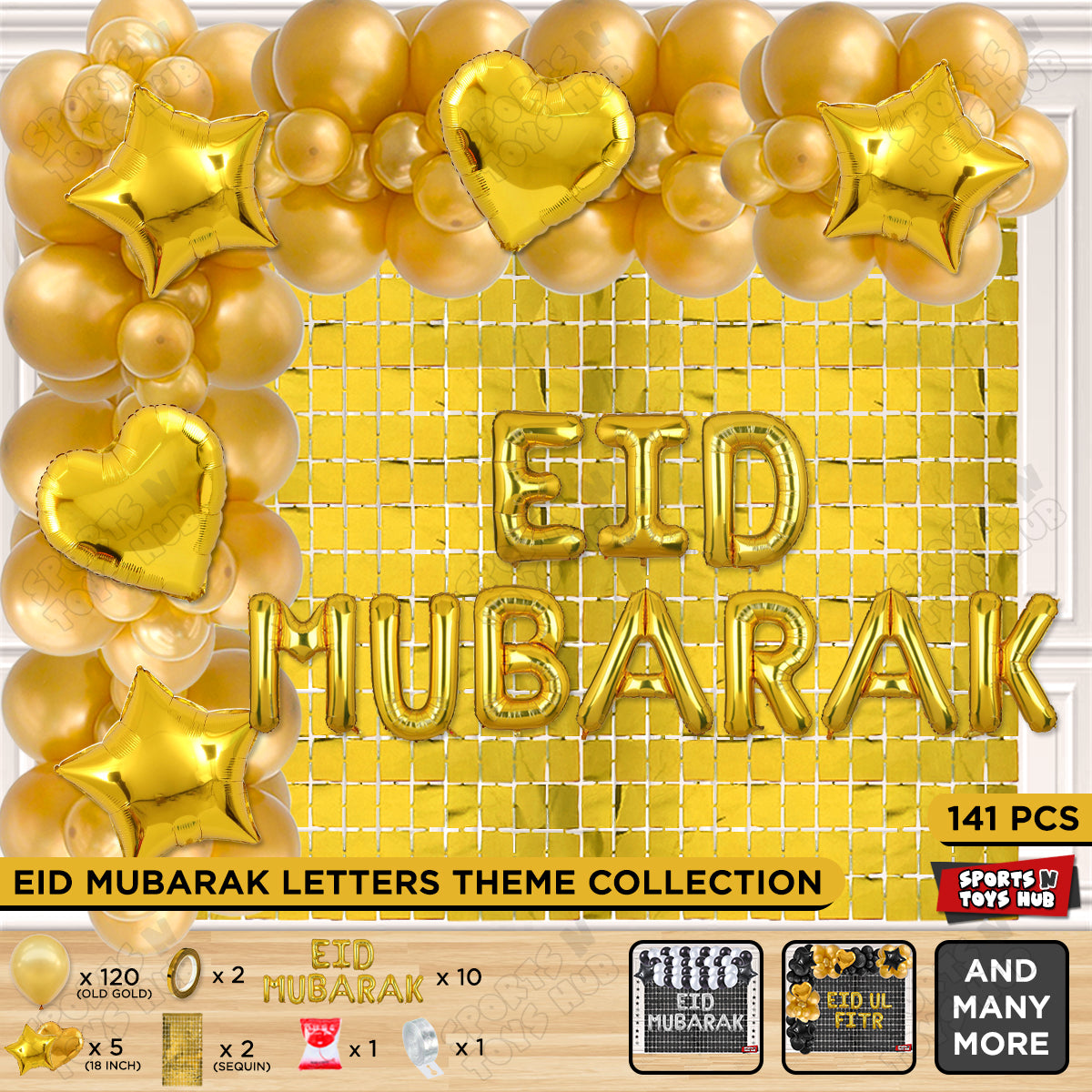 141 Pcs Eid Mubarak Gold Foil Balloon Arch Theme Collection