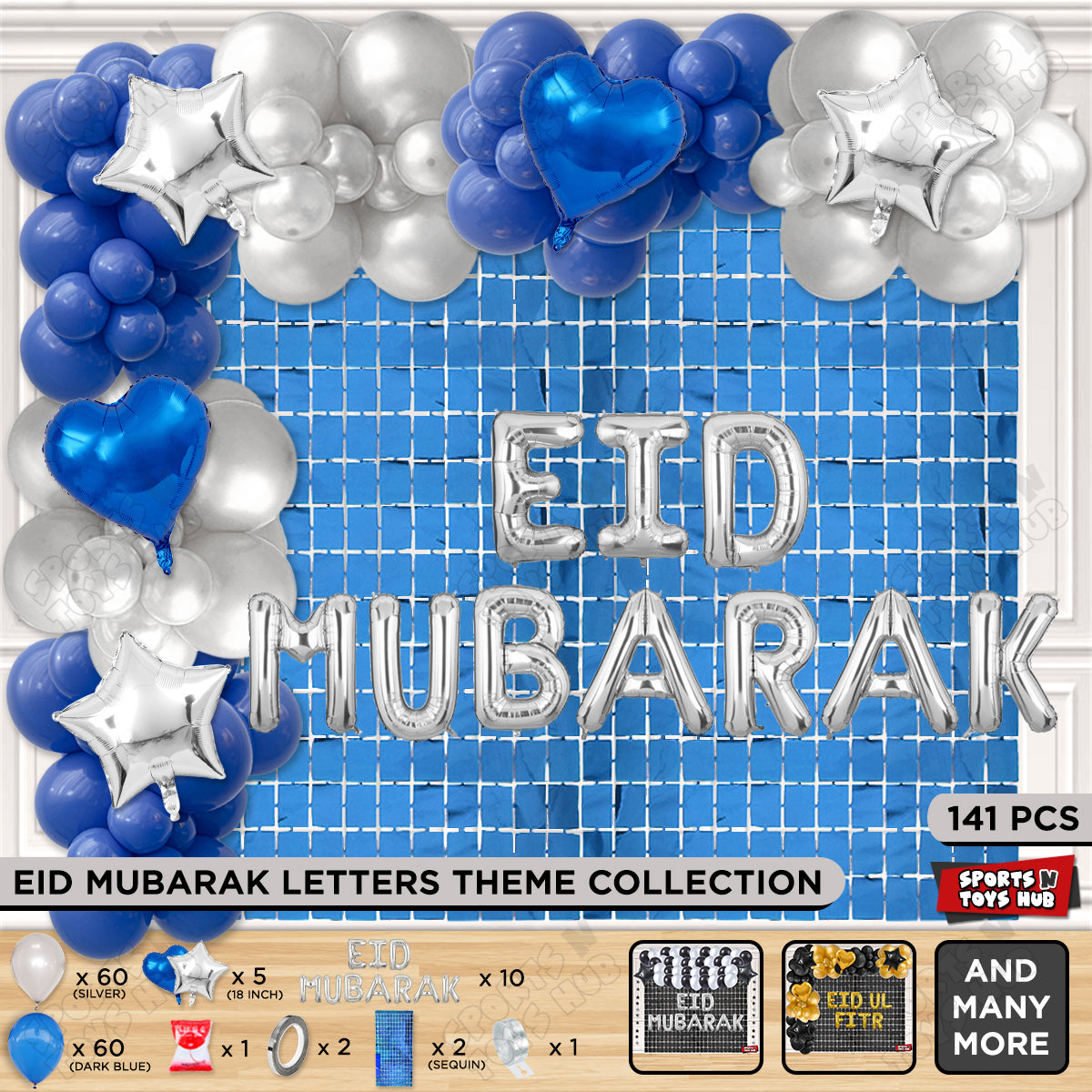 141 Pcs Eid Mubarak Silver Foil Balloon Arch Theme Collection