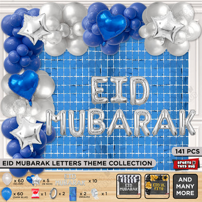 141 Pcs Eid Mubarak Silver Foil Balloon Arch Theme Collection