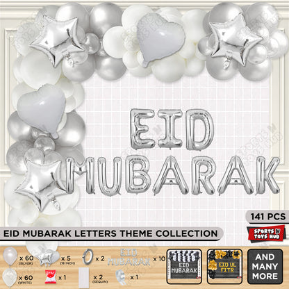 141 Pcs Eid Mubarak Silver Foil Balloon Arch Theme Collection
