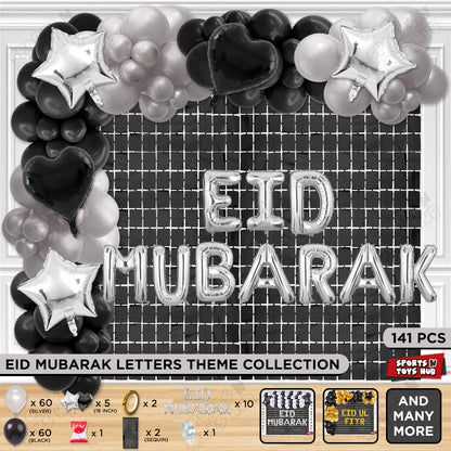 141 Pcs Eid Mubarak Silver Foil Balloon Arch Theme Collection