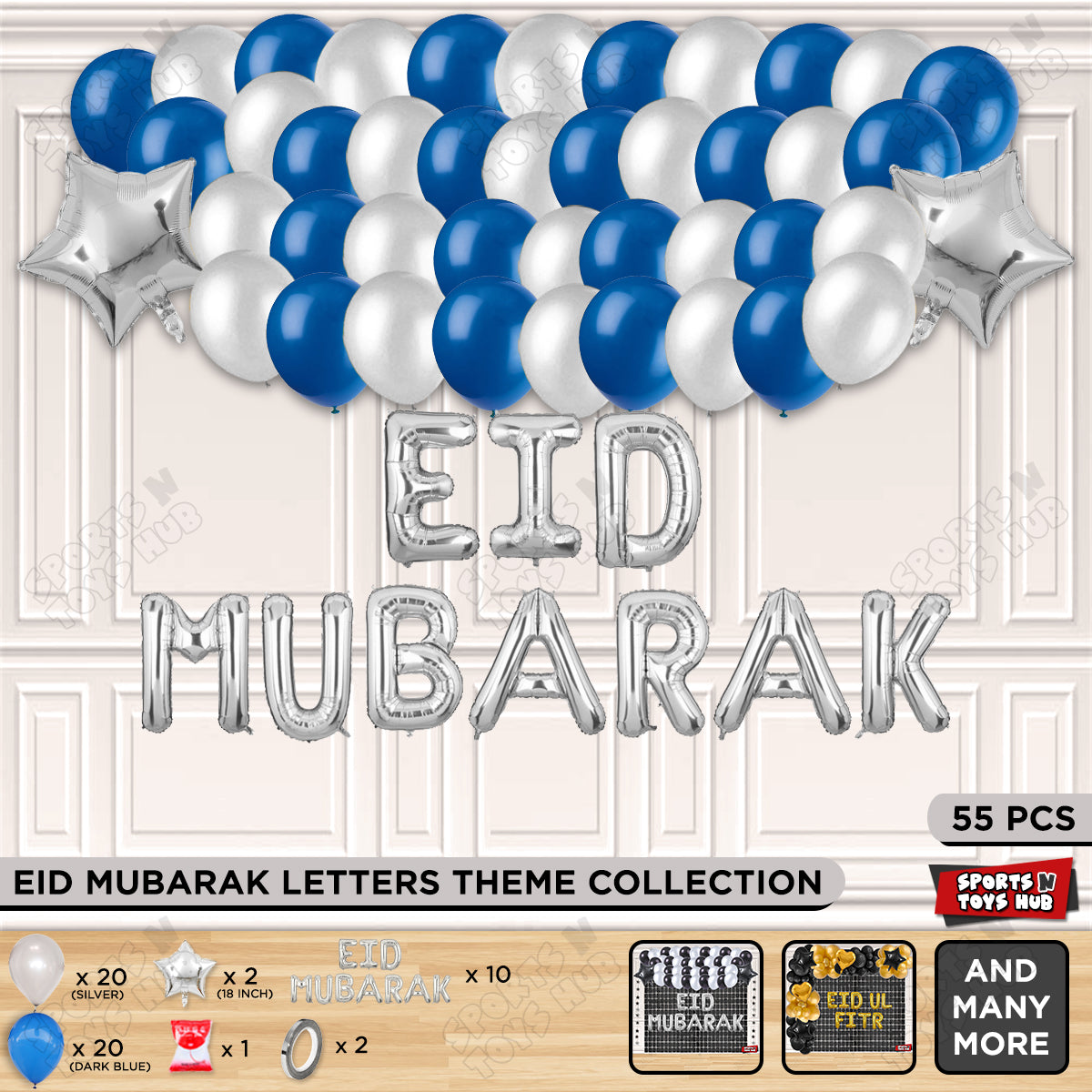 55 Pcs Eid Mubarak Silver Foil Balloon Garland Theme Collection