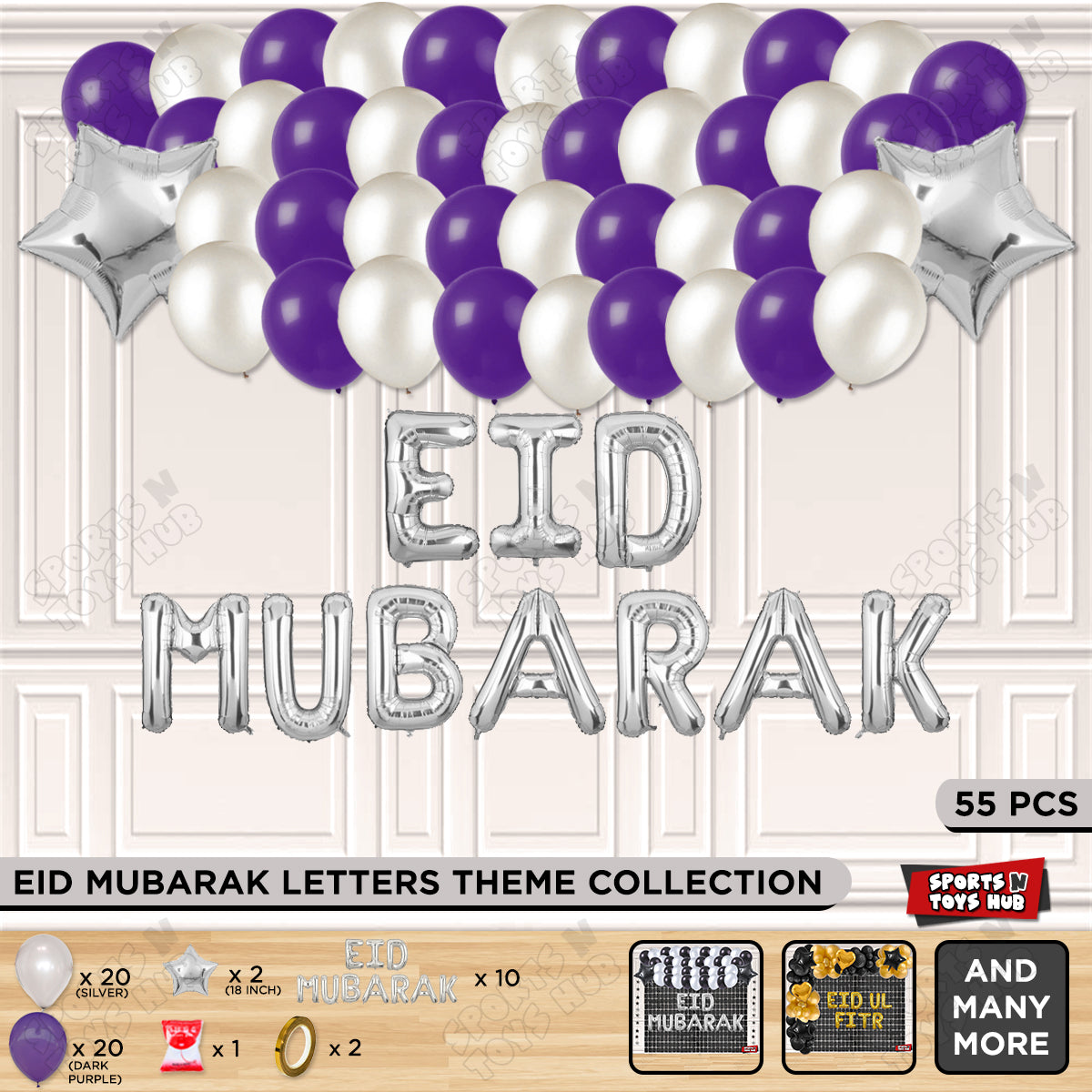 55 Pcs Eid Mubarak Silver Foil Balloon Garland Theme Collection