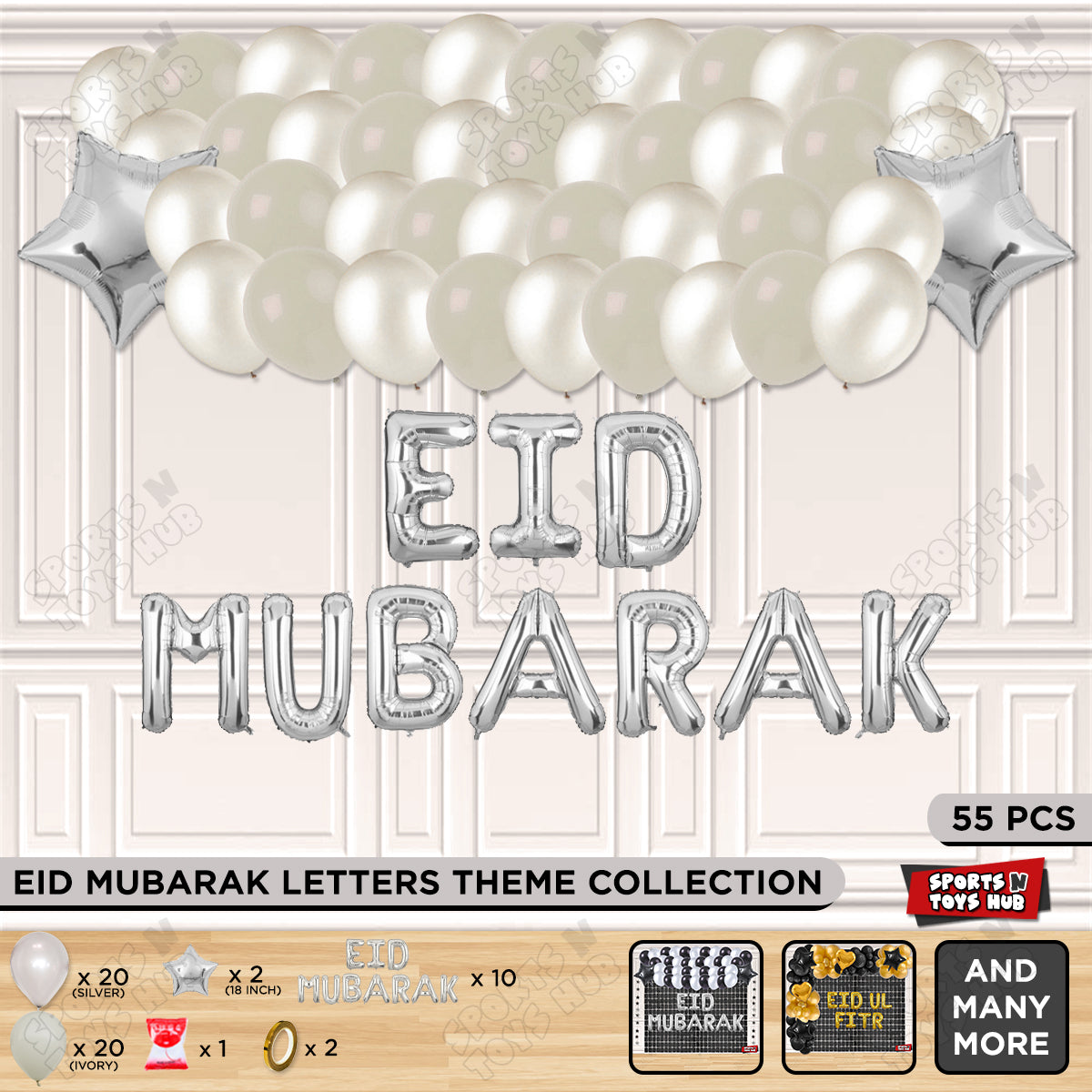 55 Pcs Eid Mubarak Silver Foil Balloon Garland Theme Collection