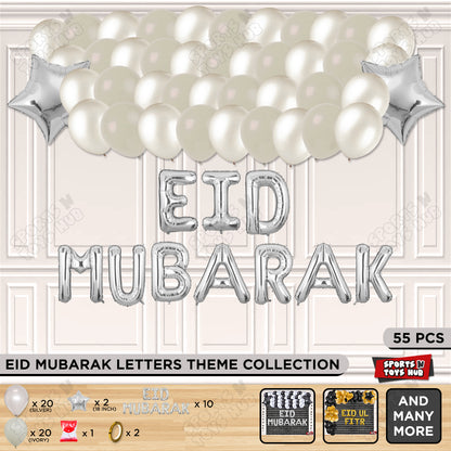 55 Pcs Eid Mubarak Silver Foil Balloon Garland Theme Collection