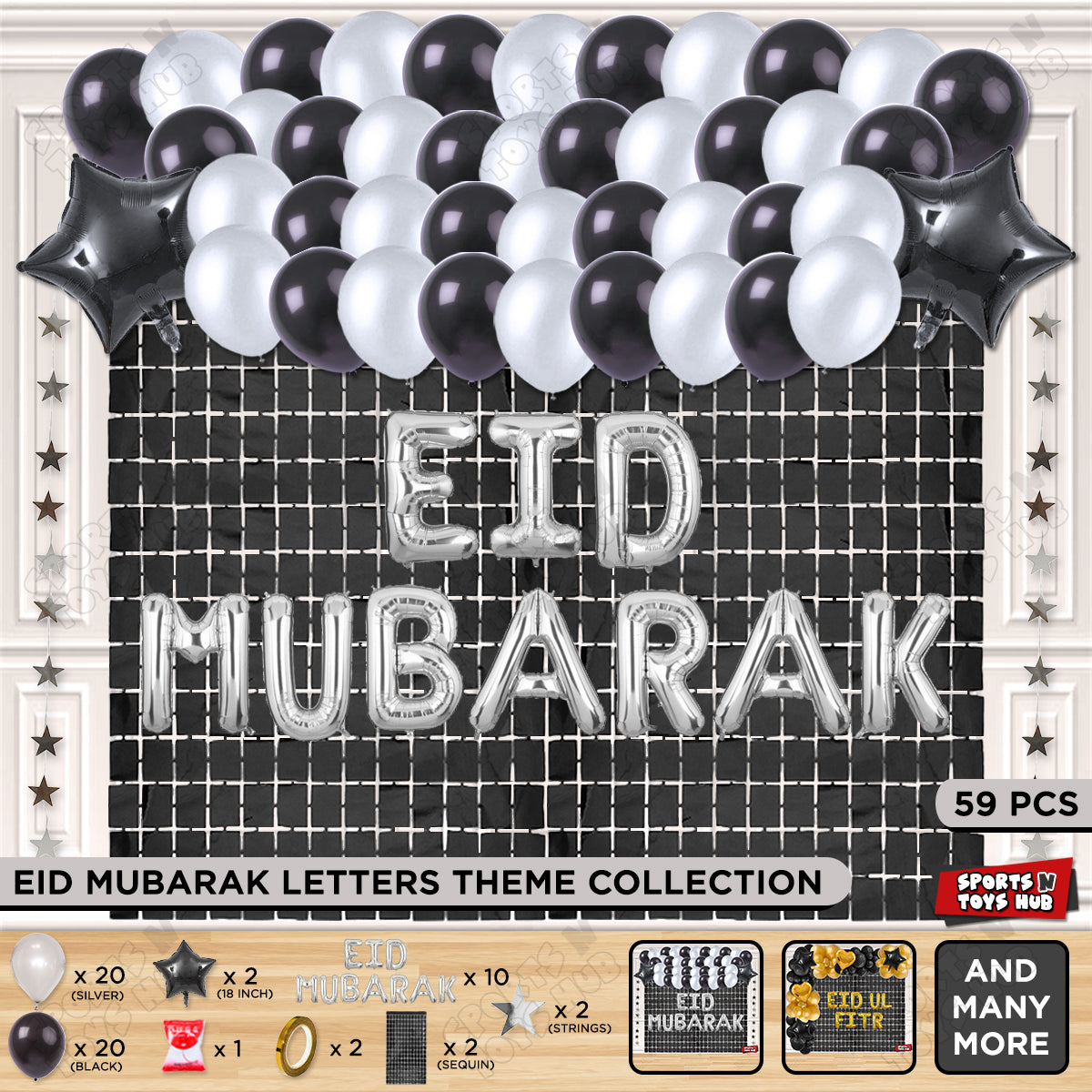 59 Pcs Eid Mubarak Silver Foil Balloon Rectangle Curtain Theme Collection