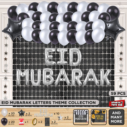 59 Pcs Eid Mubarak Silver Foil Balloon Rectangle Curtain Theme Collection