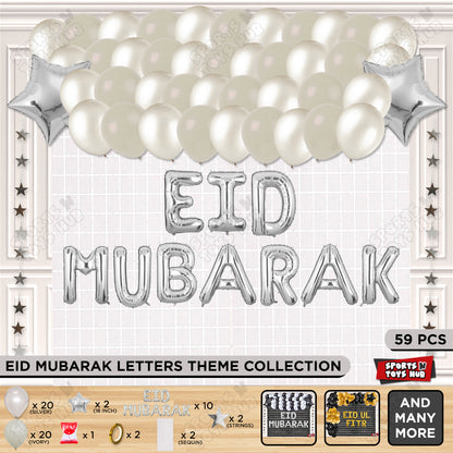 59 Pcs Eid Mubarak Silver Foil Balloon Rectangle Curtain Theme Collection
