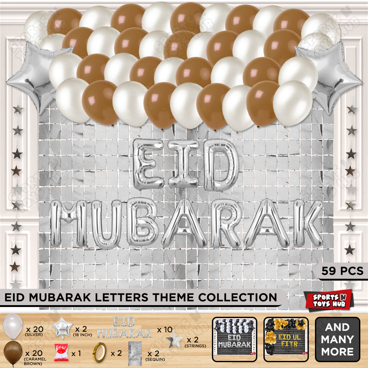 59 Pcs Eid Mubarak Silver Foil Balloon Rectangle Curtain Theme Collection