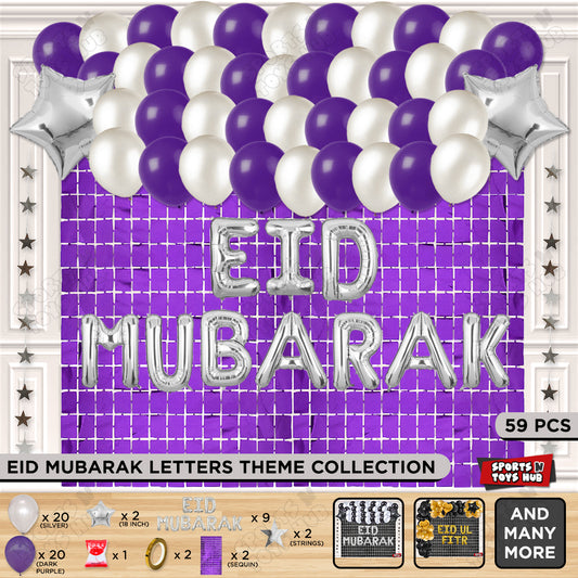 59 Pcs Eid Mubarak Silver Foil Balloon Rectangle Curtain Theme Collection