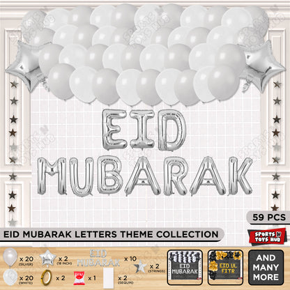 59 Pcs Eid Mubarak Silver Foil Balloon Rectangle Curtain Theme Collection