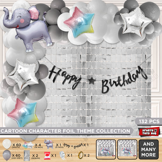 Elephant Cartoon Foil Balloon Stand Set With Happy Birthday Cursive Card Banner Arch Theme