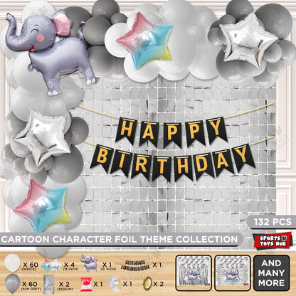 Elephant Cartoon Foil Balloon Stand Set With Happy Birthday Card Banner Arch Theme