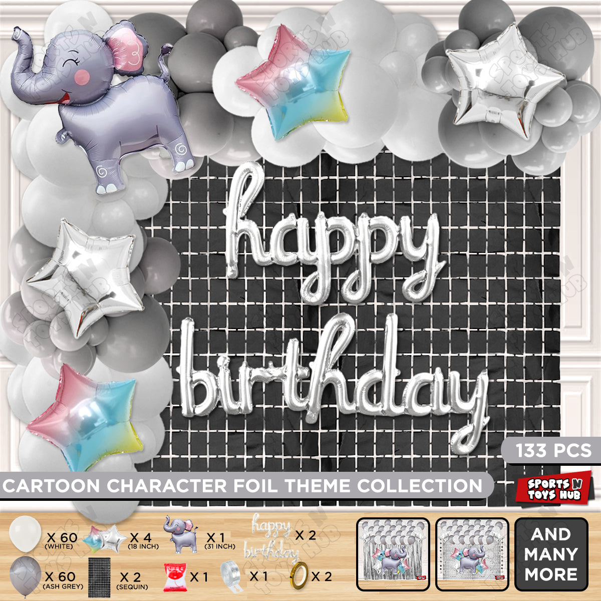 Elephant Cartoon Foil Balloon Stand Set With Happy Birthday Foil Letter Arch Theme