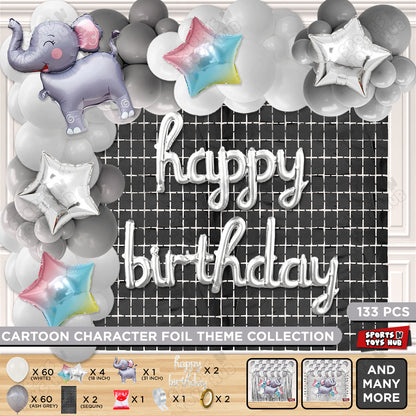 Elephant Cartoon Foil Balloon Stand Set With Happy Birthday Foil Letter Arch Theme