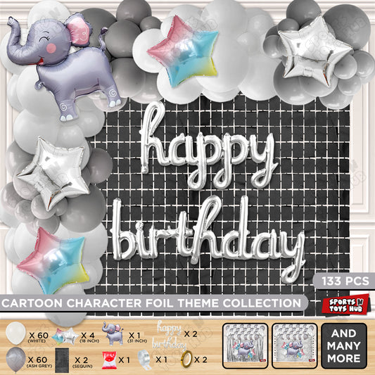Elephant Cartoon Foil Balloon Stand Set With Happy Birthday Cursive Foil Letter Arch Theme