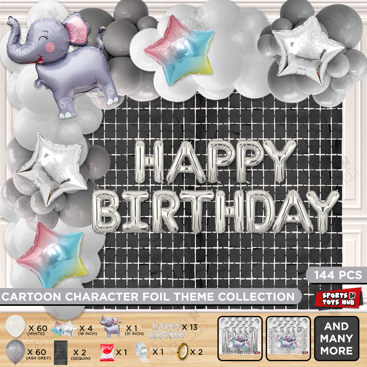 Elephant Cartoon Foil Balloon Stand Set With Happy Birthday Foil Letter Arch Theme
