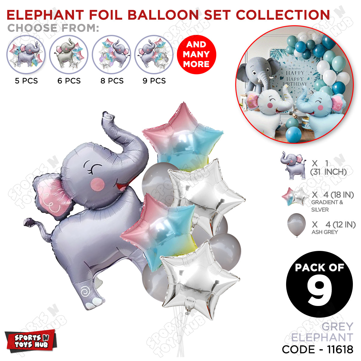 Elephant Cartoon Foil Pack Of 9 Balloon Stand Set